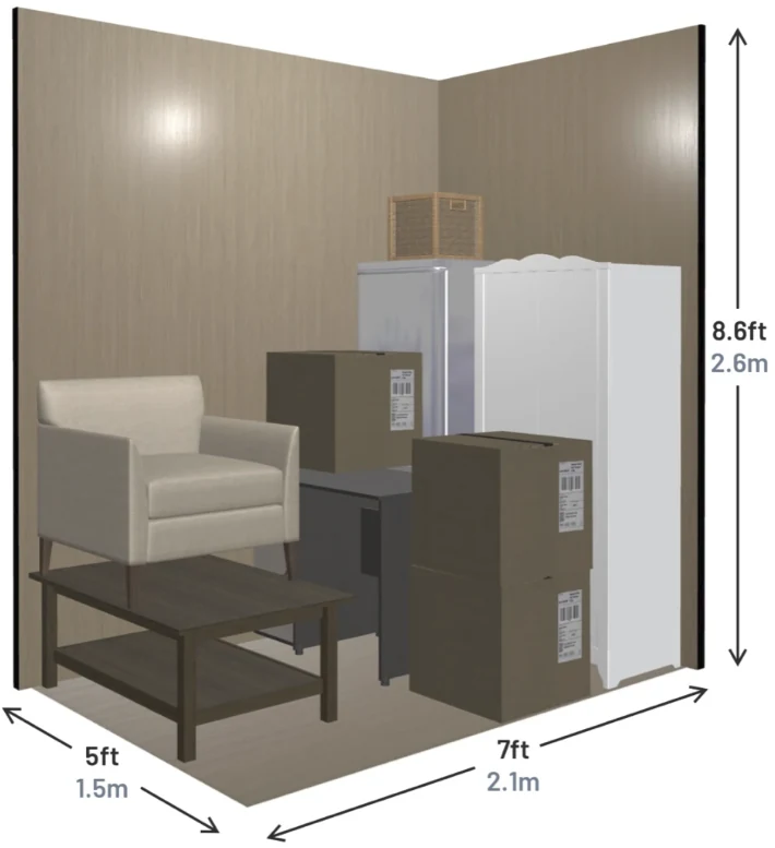 Wolves Storage Sussex 5ft x 7ft x 8.6ft storage container size guide, 250 cubic feet (about a one-bedroom flat)